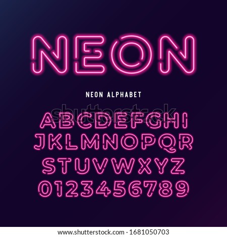 neon light modern font. vector alphabet. neon tube letters and numbers on dark background. Royalty-Free Stock Photo #1681050703