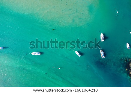 Aerial View from the Beach, Green Trees, Boats in the Sea and Waves of Omaha in New Zealand - Auckland Area	