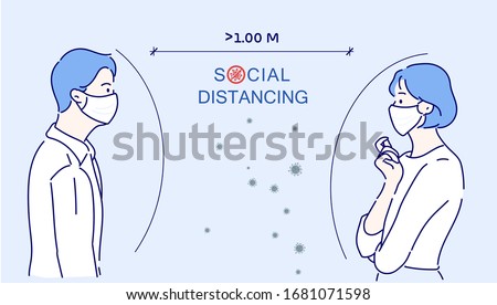 Men and women talk with each other at approximately 1 meter distance. Social distancing, keep distance in public society people to protect from COVID-19.The idea of ​​stopping the spread of the virus Royalty-Free Stock Photo #1681071598