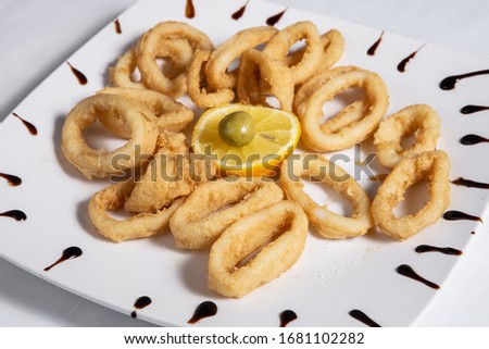 Fried squids or octopus (calamari) with sauce isolated on white background