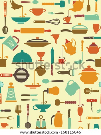 Seamless background with icons of kitchen ware and utensils