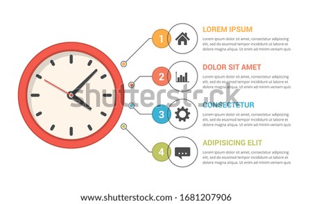 Infographic template with clock and four elements with icons, numbers and text, vector eps10 illustration
