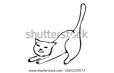 doodle cat stratching. cute clip art. black and white. copy space. horizontal