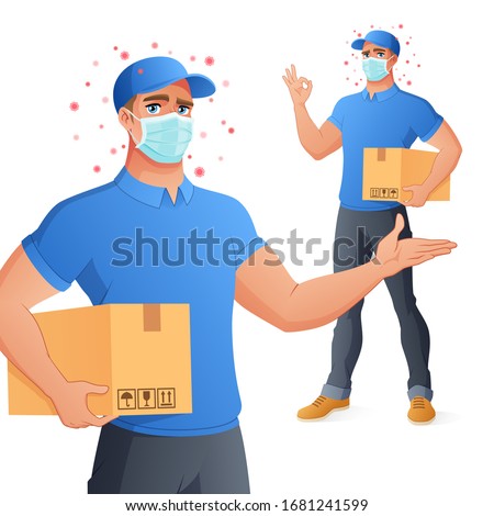 Courier delivery service man in mask holding box and showing OK hand sign gesture. Protection from coronavirus. Full size under clipping mask. Vector illustration isolated on white background.