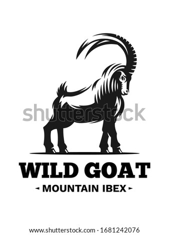 Mountain Wild Goat, Ibex logo, emblem design. Vector illustration black & white. One color. Royalty-Free Stock Photo #1681242076