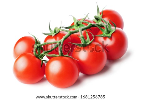 Bunch of fresh, red tomatoes with green stems isolated on white background. Clipping path. Royalty-Free Stock Photo #1681256785