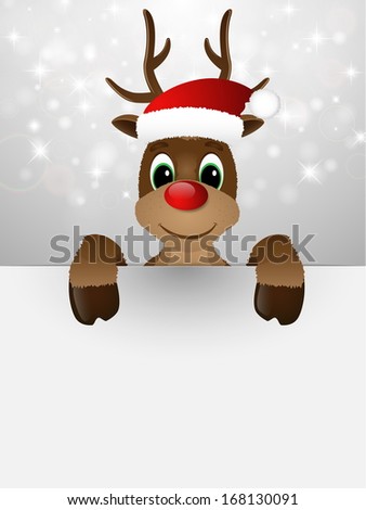 Reindeer with red nose and Santa hat. Vector illustration. 