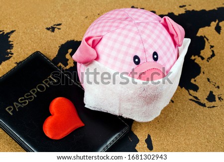 Toy pig with passport and toy heart on a world map background.