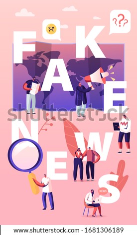 Fake News Concept. Tiny Characters Reading Newspapers and Social Media Information in Internet on World Map Background, False Info Fabrication Poster Banner Flyer. Cartoon People Vector Illustration