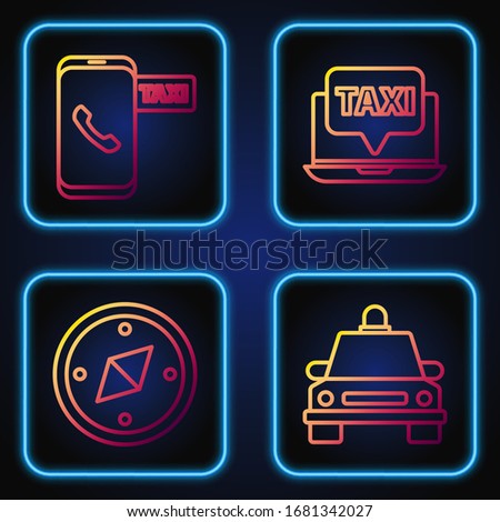 Set line Taxi car, Compass, Taxi call telephone service and Laptop call taxi service. Gradient color icons. Vector