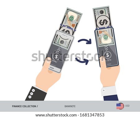 Online money transfer with two hands holding smart phones. 100 US Dollar banknote with gold coins. Flat style vector illustration.