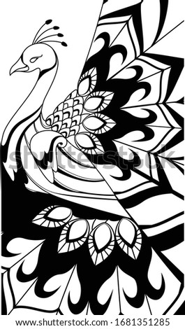 peacock hand drawing henna tattoo vector illustration black