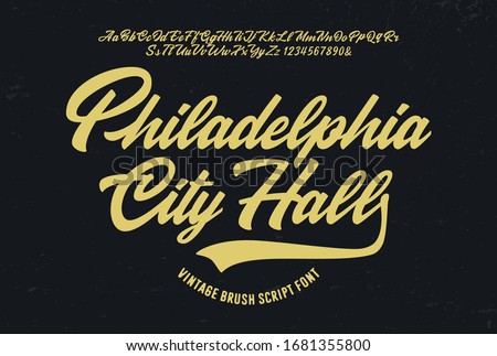 "Philadelphia City Hall".  Original Brush Script Font. Retro Typeface. Vector Illustration.
