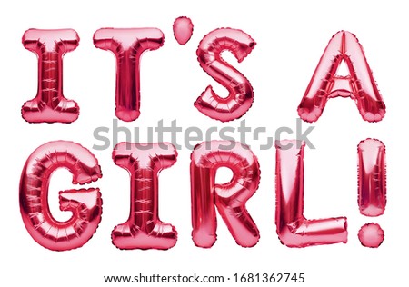 Phrase IT'S A GIRL made of rose golden inflatable balloons isolated on white background. Pink gold foil helium balloons. Baby arrival announcement, birthday congratulations concept, happy birthday