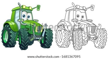 Kids activity coloring book page. Tractor. Agricultural transport. Colorless and color samples. Coloring clipart design in cartoon style. Vector illustration. Royalty-Free Stock Photo #1681367095