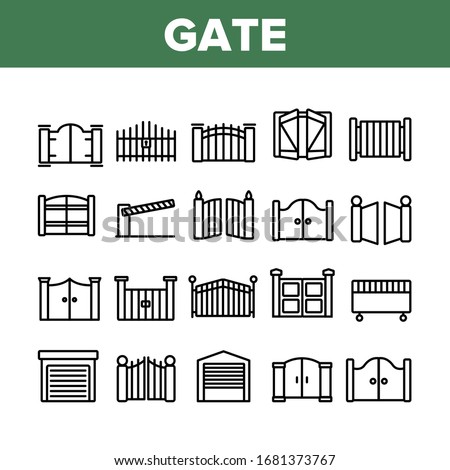 Gate Entrance Tool Collection Icons Set Vector. Garage And Parking Barrier Security Equipment, Metallic Material Residence Gate Concept Linear Pictograms. Monochrome Contour Illustrations Royalty-Free Stock Photo #1681373767