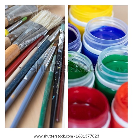 Collage of Tempera paints, Paint brushes and watercolor paints,  on the table in a workshop, selective focus, close up, on wooden  Set of gouache - bouquet