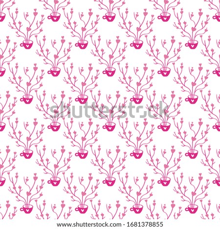 Seamless Pattern for Valentines Day design. Branches with hearts come out of a cup. Hand drawn love and romance theme background. Elegant vector illustration.
