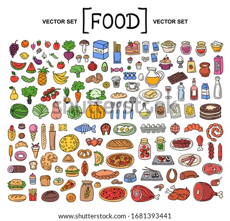Vector cartoon set on the theme of food. Isolated colored doodles of fruits, vegetables, bakery products, meat, sausage, grocery on white background. Hand drawn elements
