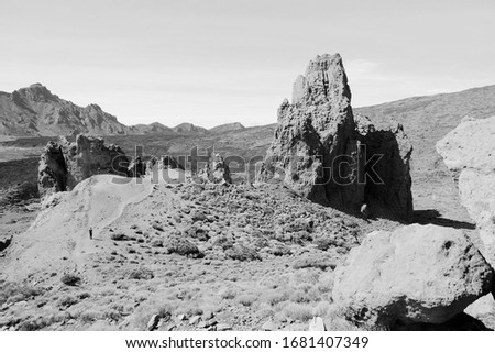 Tenerife landscape, Spain. Roques de Garcia - rock formations in volcano Teide National Park. Black and white vintage photo style.