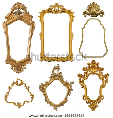 Set of golden frames for paintings, mirrors or photo isolated on white background	