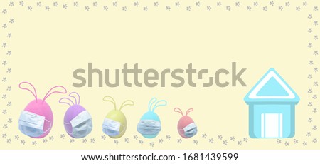 A group of Eggs with bunny ears wear masks in a line next to a house on pastel yellow background with rabbits' paw frame. A concept of self-isolated during Easter due to Corona virus (Covid-19)