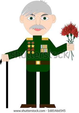Vector drawing of an elderly man with flowers dedicated to the may 9 holiday