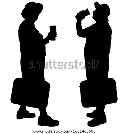Vector illustration of a female silhouette. Older woman with a briefcase in her hands. Retired woman on vacation. Grandmother with a thermos cup in a beautiful hat. Business trip. Working pensioner.