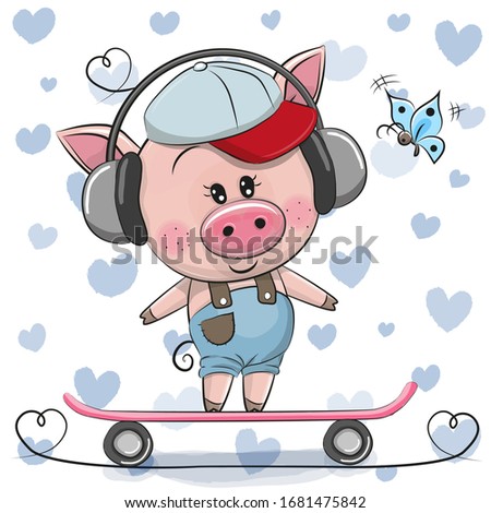 Cute Cartoon Piggy with skateboard and butterfly
