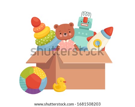 Children's toys in a box. Collected inventory for games and entertainment. Order in children's things Royalty-Free Stock Photo #1681508203