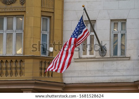 American Stars and Stripes flag on the building. Embassy of the United States of America, Moscow