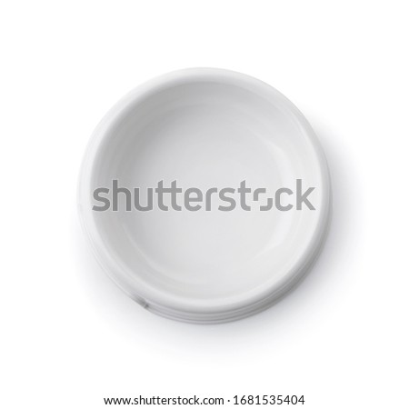 Top view of empty white plastic pets bowl isolated on white Royalty-Free Stock Photo #1681535404