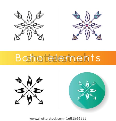 Arrows and feathers amulet in boho style icon. Native American Indian mystic symbol. Ethnic home decoration, tribal charm. Linear black and RGB color styles. Isolated vector illustrations