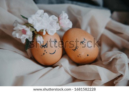 Easter decoration eggs cute bunny. Happy Easter. Couple eggs with happy face for love concept