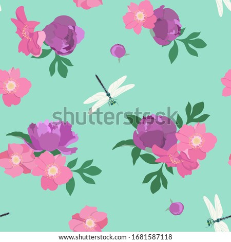 Peonies and dragonfly. Seamless spring vector illustration on green background. For decorating textiles, packaging, wallpaper.