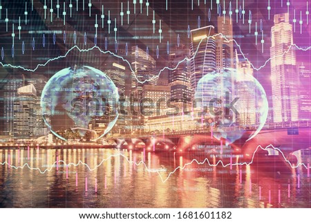 Financial chart on city scape with tall buildings background multi exposure. Analysis concept.