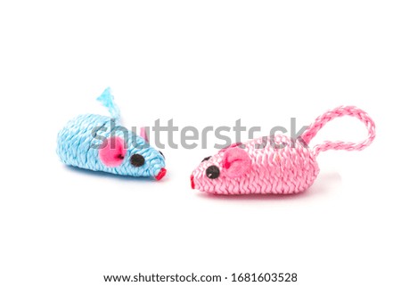 two blue and pink toy mice for a pet cat isolated on  white background, close-up