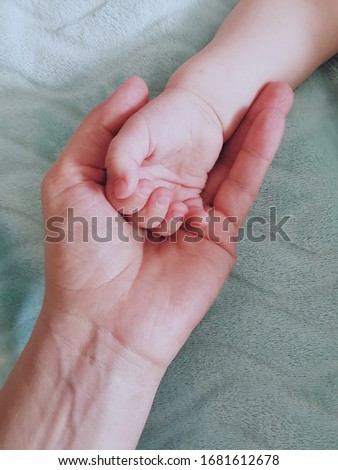 The child's palm in the mother's palm. Photo of hands.