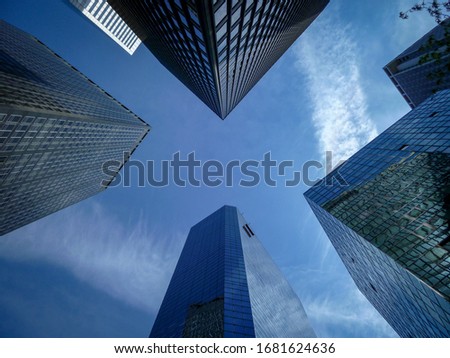 The skyscrapers in downtown New York. This is the view up in the sky.