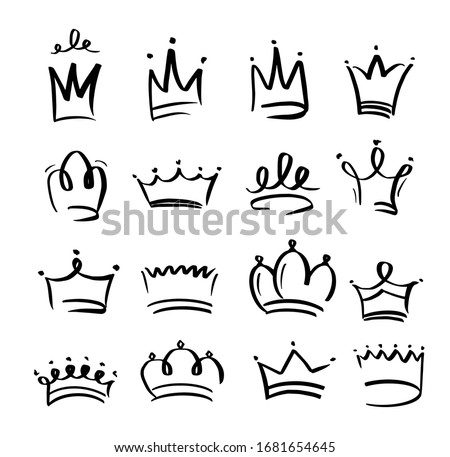 Hand drawn crowns. Royal imperial coronation and monarch symbols. Black brush crowns isolated on white background. Vector illustration.