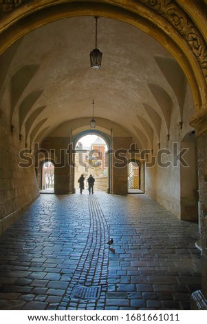 Photo taken in the city of Krakow. The picture shows the entrance to the courtyard of an ancient castle called Wawel.
