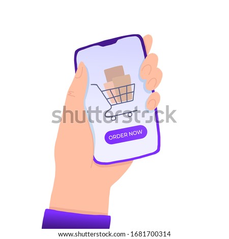 Hand holding smart phone with order now button on the screen. E-commerce flat design concept. Using mobile smart phone for online purchasing. Order from home.