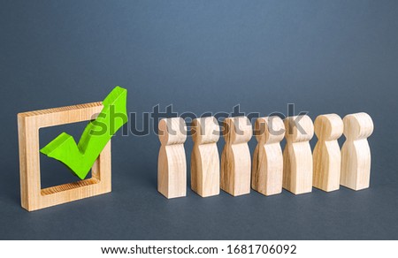 Queue line and green vote check mark. Voting in democratic election or referendum. Political campaign. State legislature passes law. Public poll. Legislative Initiative. Lobbying interests. Resolution Royalty-Free Stock Photo #1681706092