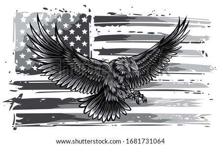 monochromatic vector illustation American eagle against USA flag and white background.