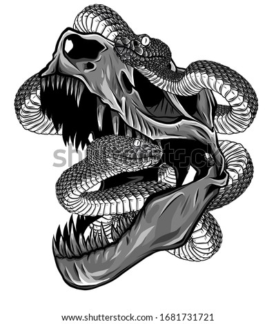 monochromatic Dinosaur Skull. Drawing Of T-Rex Skull with snake