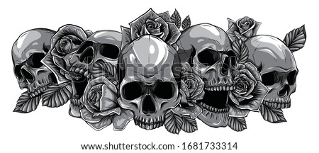 Monochromatic human skulls with roses on white background