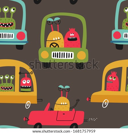 Seamless vector pattern with cute monsters on a cars and buses for typography poster, card, label, brochure, flyer, page, banner design. Vector illustration background