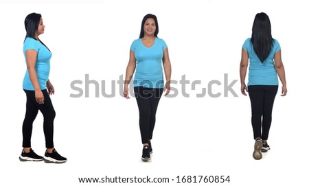 woman walking front back and profile on white