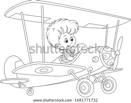 Little boy piloting a big toy plane on a playground in a park, black and white vector cartoon illustration on a white background