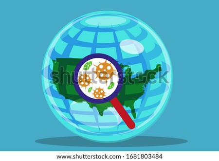 United States of America Map with a magnifying glass zooming in germs, viruses and bacteria concept in a global scope. Editable Clip Art.